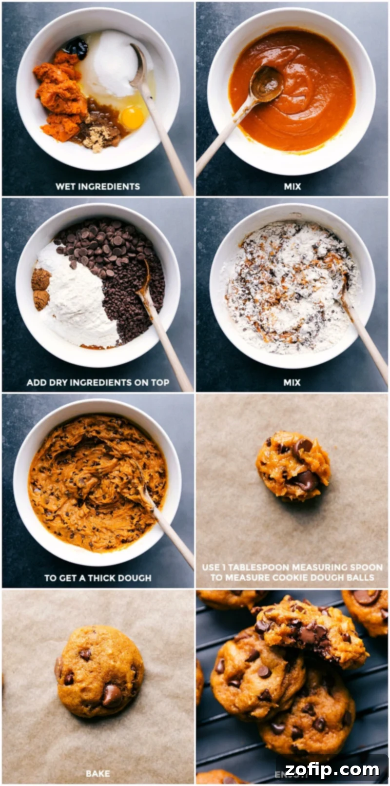 Cookie Dough Preparation - Mixing Ingredients, Rolling Out, and Baking Steps for making soft pumpkin cookies: measuring and mixing wet ingredients, adding dry ingredients on top, stirring everything together, rolling out the dough, and baking to perfection.