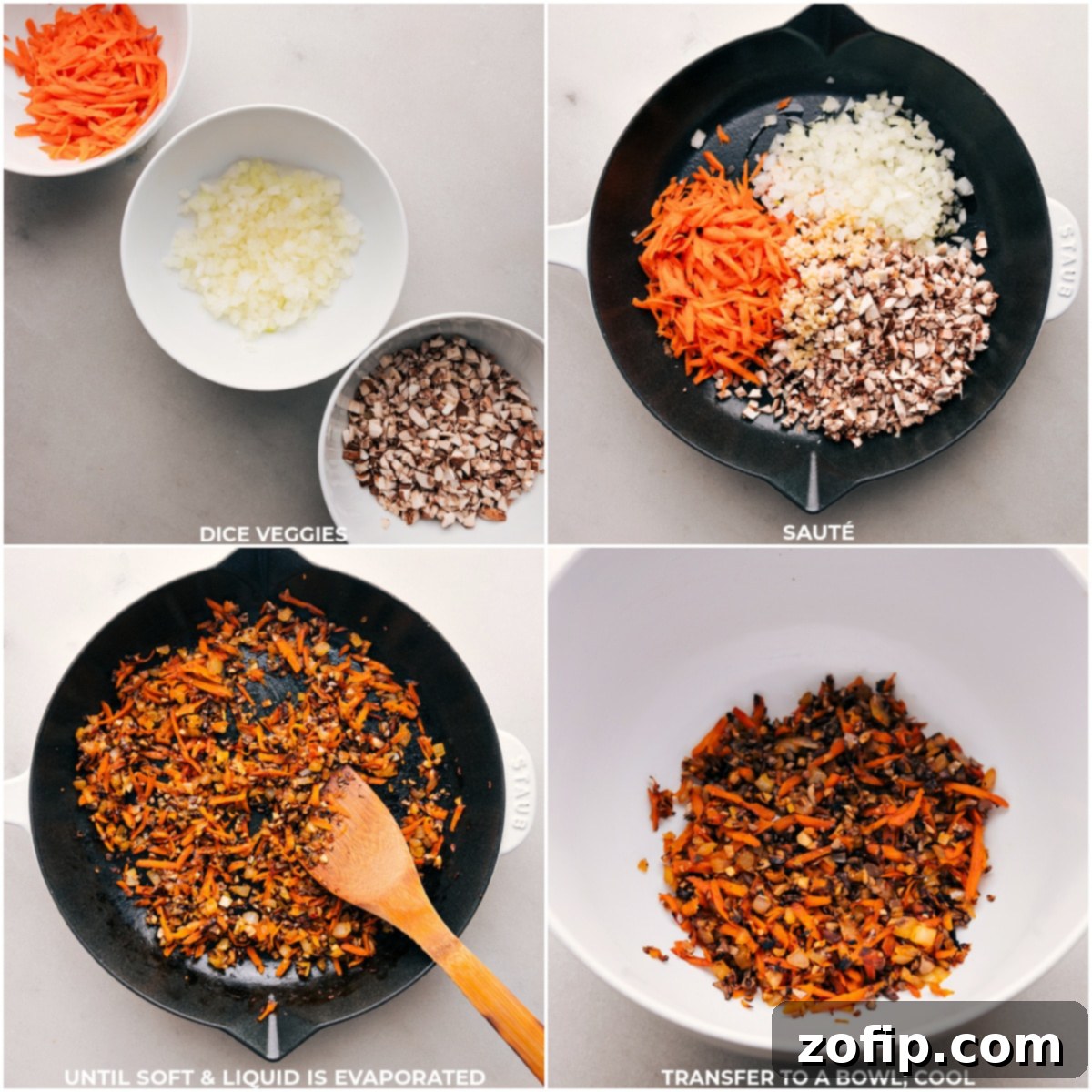 A large pan on the stovetop filled with finely diced onions, carrots, mushrooms, and minced garlic, sautéing in olive oil until tender and fragrant.