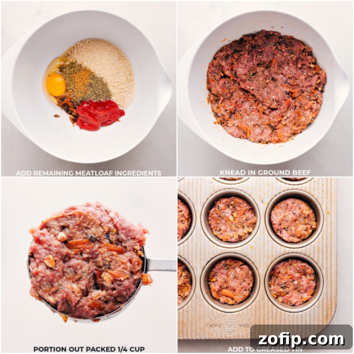 The meticulously mixed mini meatloaf mixture is being carefully scooped and pressed into the greased cavities of a muffin tin, illustrating the shaping process before the initial bake.