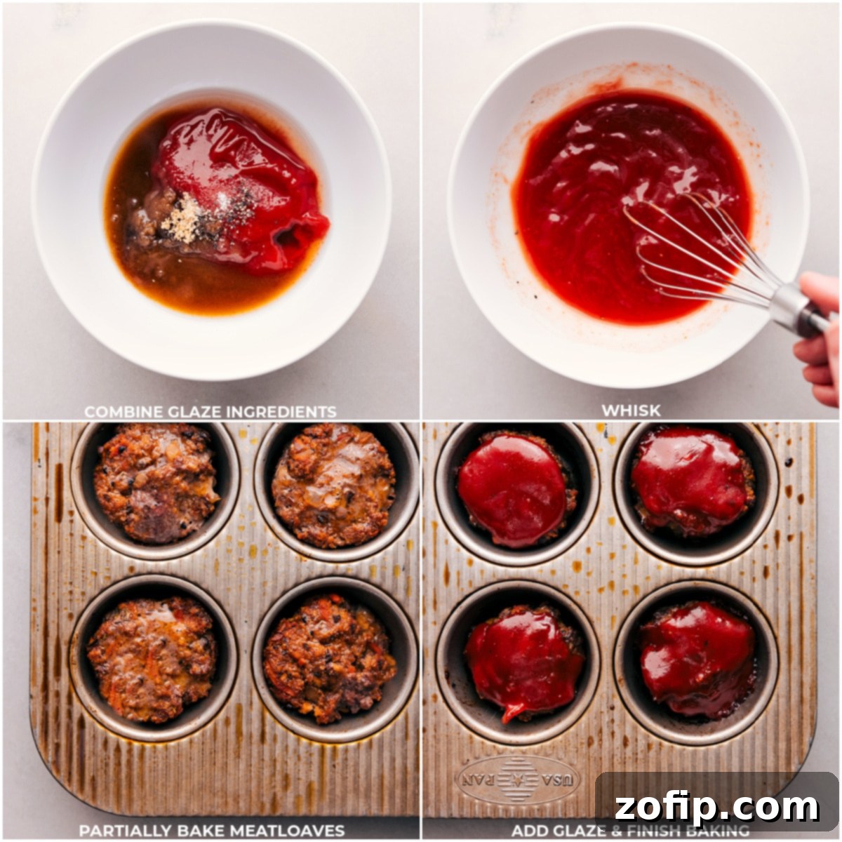The savory and sweet glaze ingredients are being mixed in a bowl, then generously drizzled over the individual mini meatloaves nestled in a muffin tin, creating a mouth-watering sheen before they are returned to the oven for final caramelization.