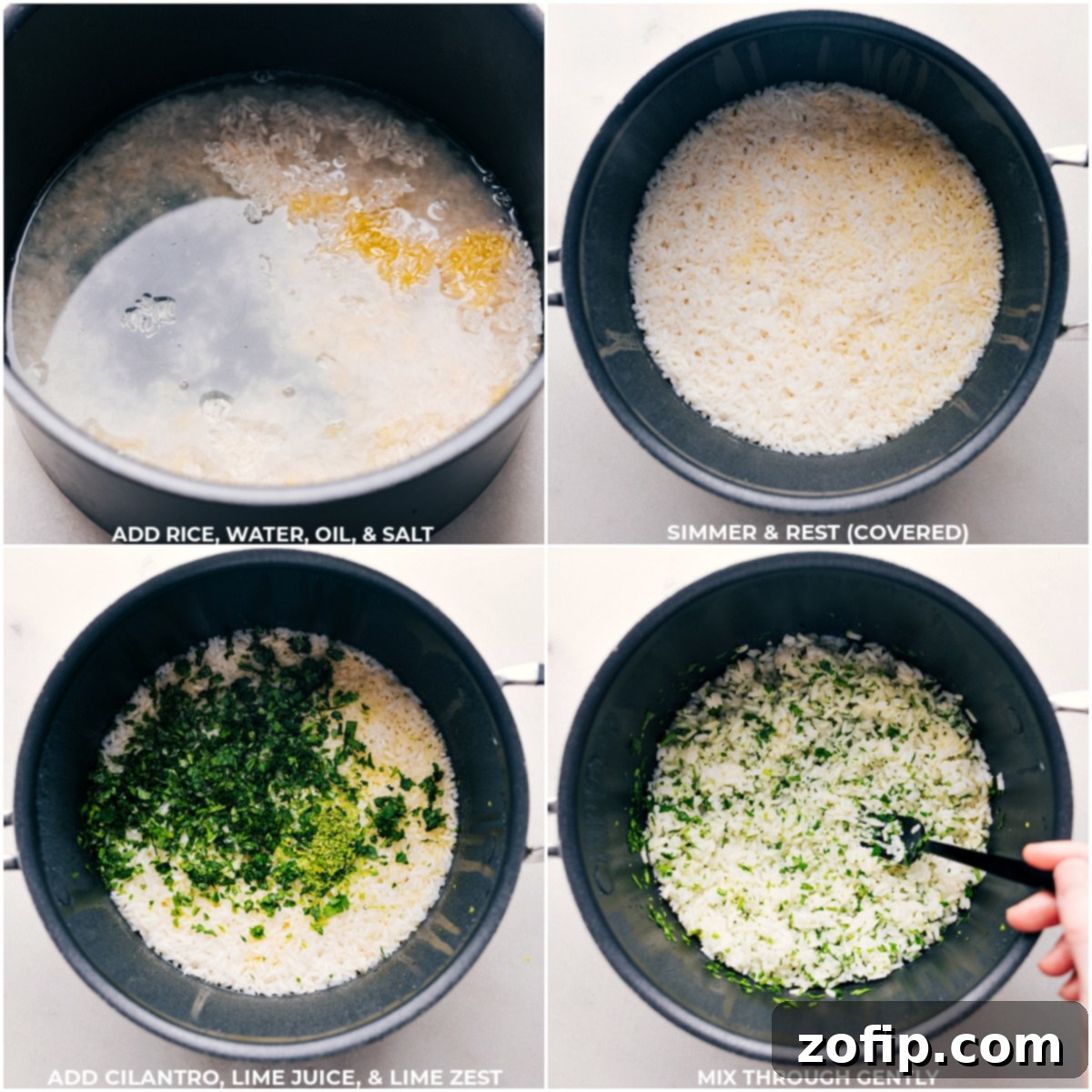 Making Cilantro Lime Rice Process A visual step-by-step guide illustrating the cooking process for Cilantro-Lime Rice: from combining rice, water, oil, and salt in a pot to gently stirring in fresh cilantro, lime juice, and lime zest at the end.