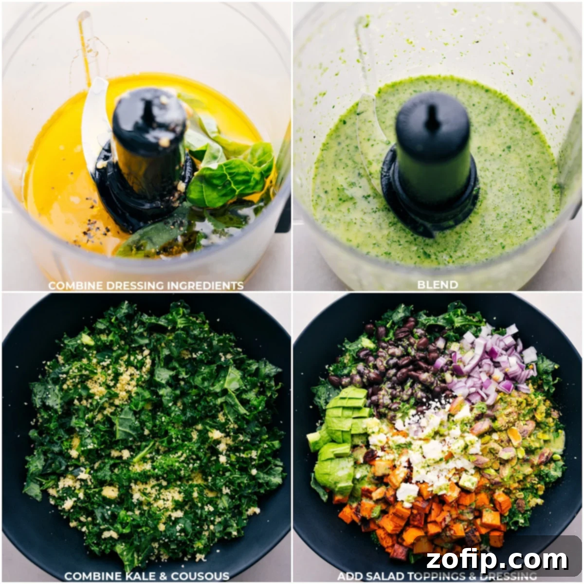 The process of preparing the basil-lemon vinaigrette by blending all dressing ingredients, followed by the assembly of the Kale Sweet Potato Salad with kale, couscous, and other delicious toppings.