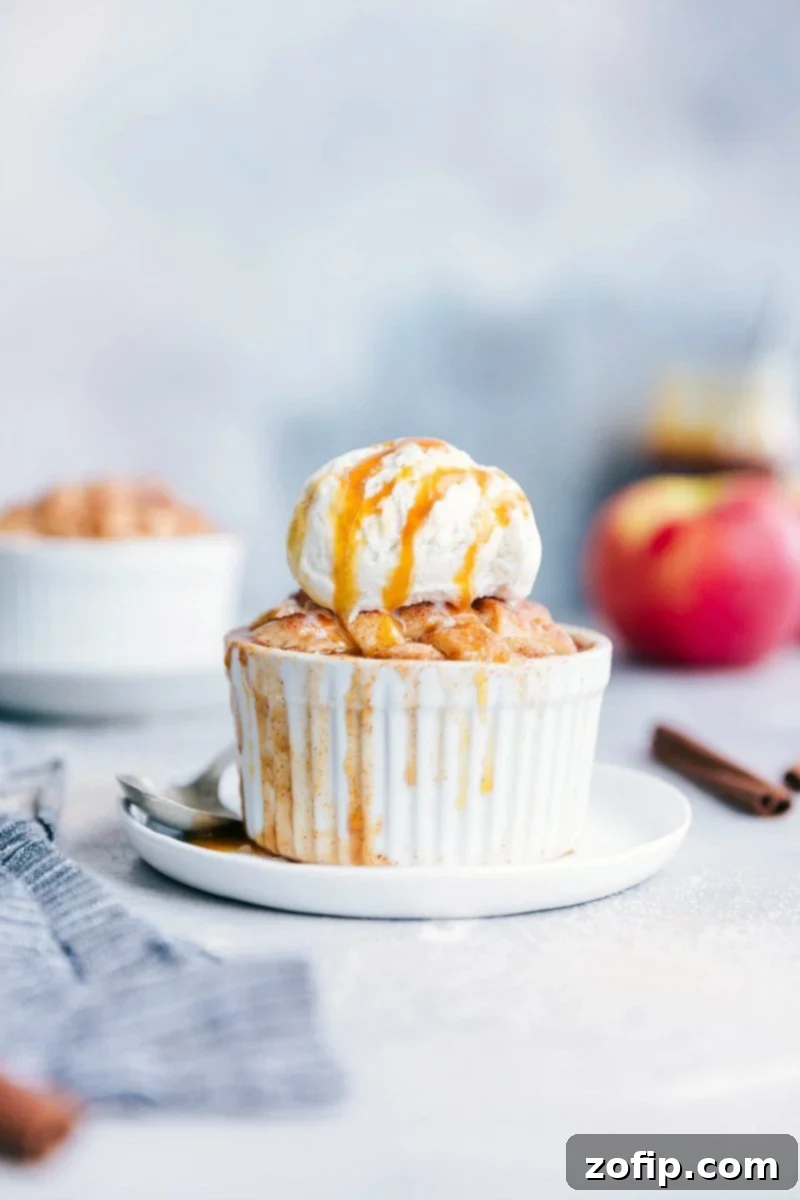 Bite-Sized Apple Pies 2 Two golden-brown mini apple pies in ramekins, one with a lattice top, garnished with a sprinkle of sugar.