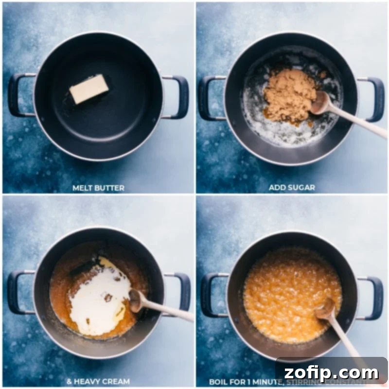 Step-by-step images showing butter melting, followed by brown sugar and heavy cream being mixed in a pot.