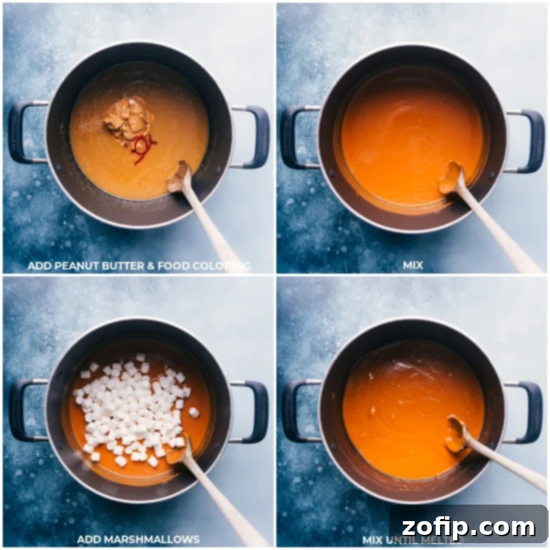 Process images showing peanut butter, orange food coloring, and marshmallows being added to a pot and mixed to create the base for the Krispie treats.