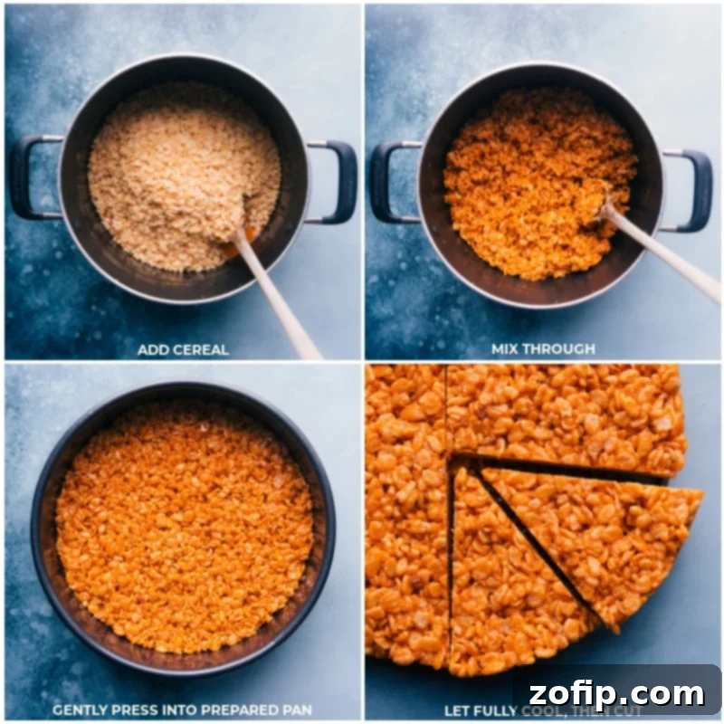 Sequence of images showing Rice Krispies cereal being added to the mixture, everything combined, and finally pressed into a springform pan.