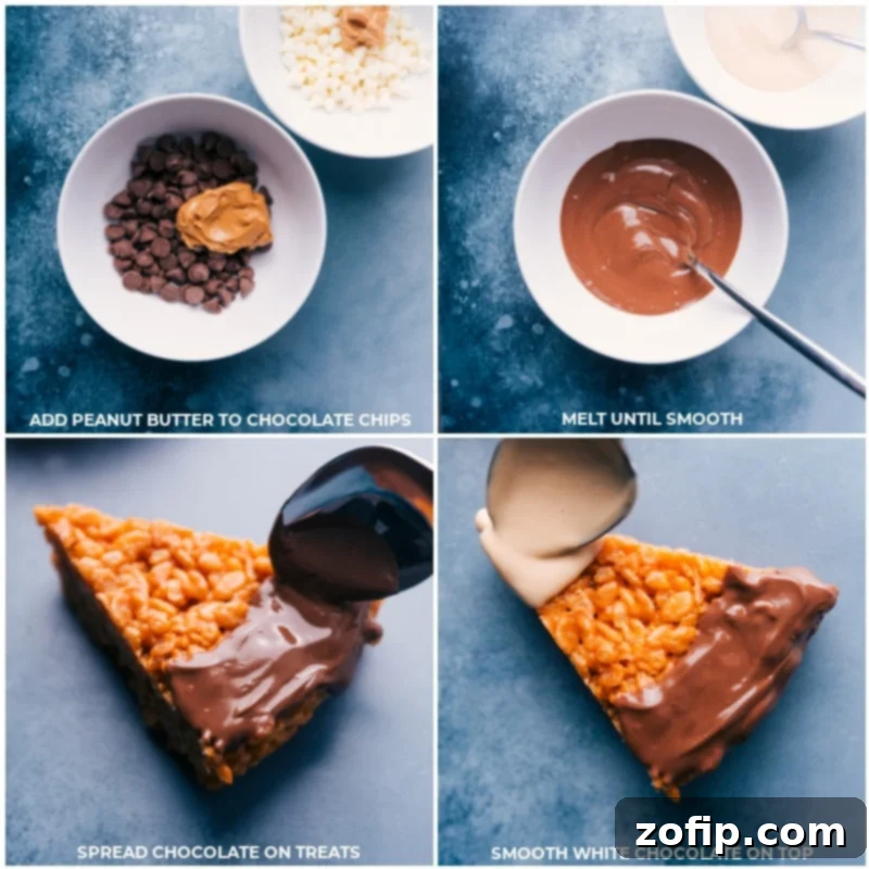 Process images showing milk and white chocolate being melted in bowls, then spread onto the Krispie Treat triangles.