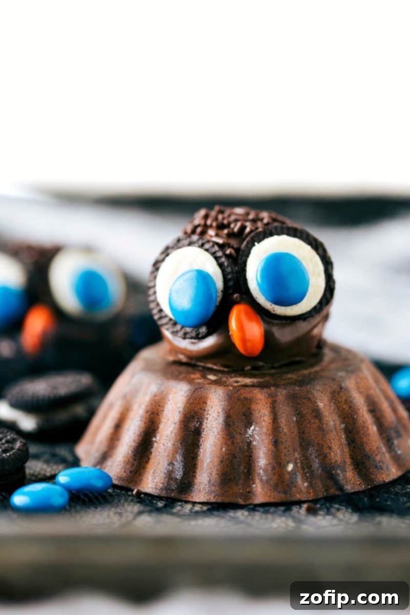 Spooky Oreo Truffles 9 Wise Owl Oreo Ball: Chocolate truffle with mini Oreo eyes and M&M beak, a simple and clever Halloween treat.