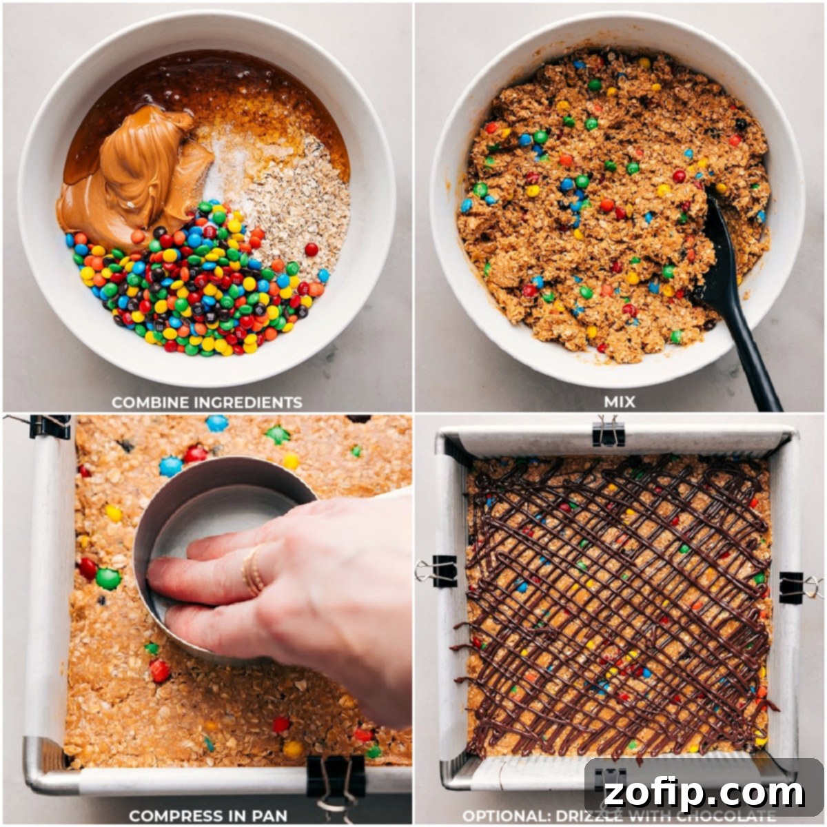 A visual guide showing the process of making energy bars: dry and wet ingredients being combined in a large bowl, followed by the mixture being pressed into a pan, and finally, a delicious chocolate drizzle being added as a topping.