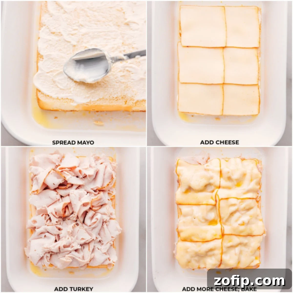 The process of assembling Turkey Sliders, showing mayonnaise, cheese, and deli turkey being layered onto the rolls.