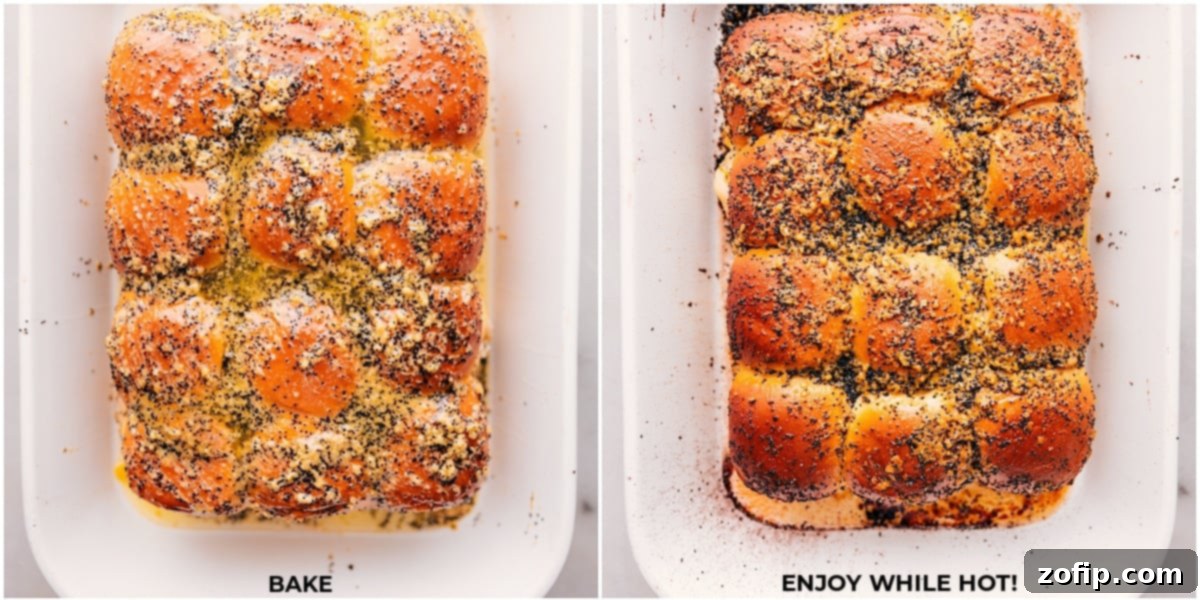 A side-by-side comparison of Turkey Sliders, showing them before and after baking to a golden perfection.