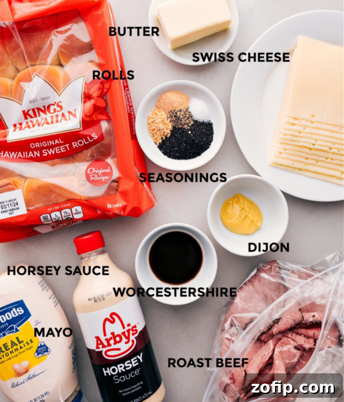 All the ingredients for easy roast beef sliders prepped out for assembly.