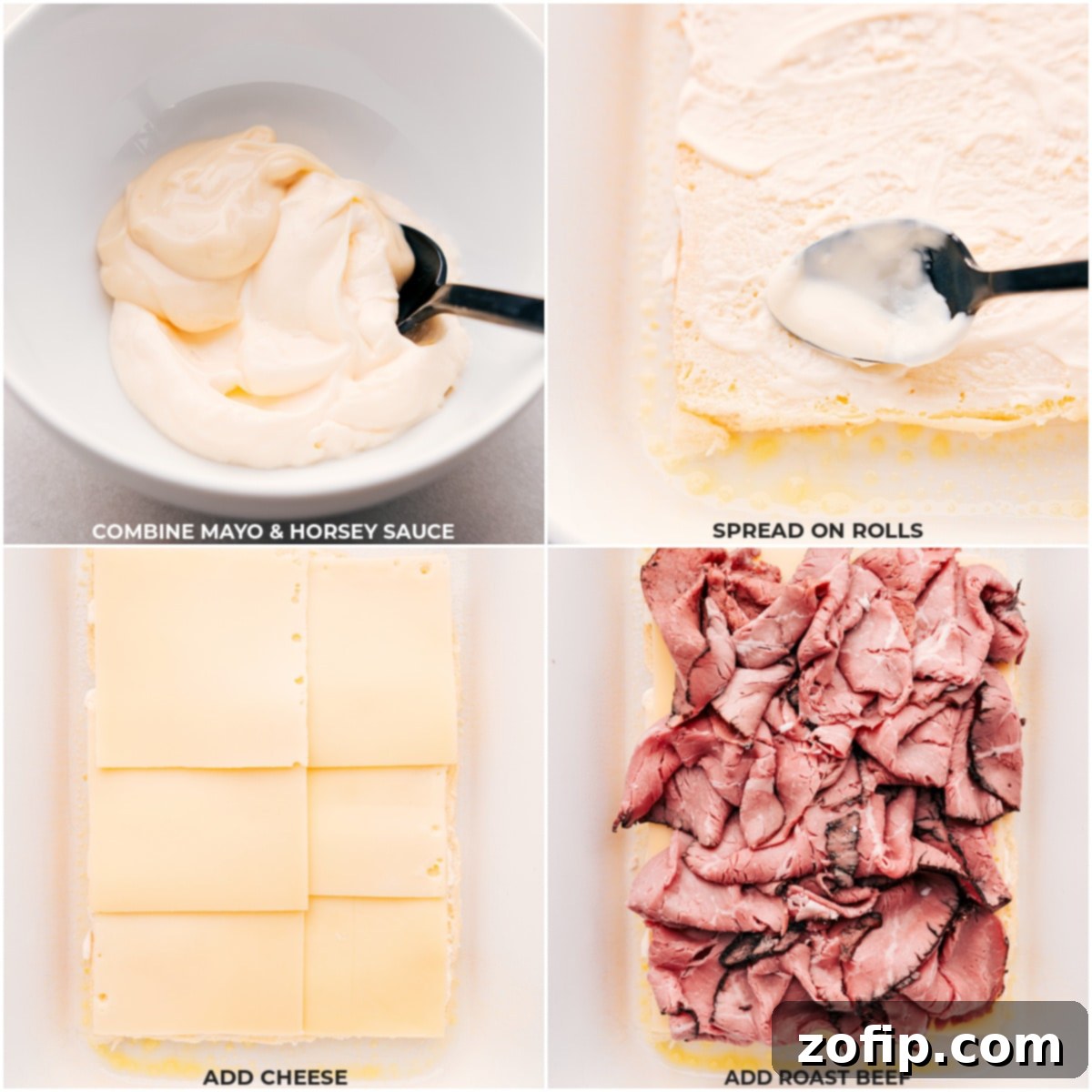 Mayo and horsey sauce being combined and spread on the rolls, then the meat and cheese being layered on.