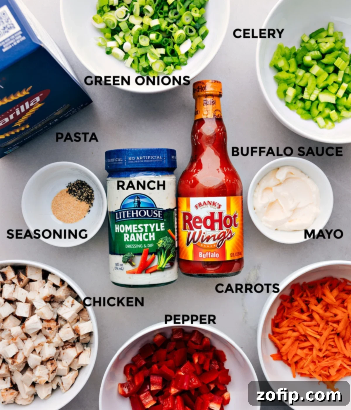 Ingredients In Buffalo Chicken Pasta Salad All the fresh ingredients for Buffalo Chicken Pasta Salad, prepped and ready for assembly.