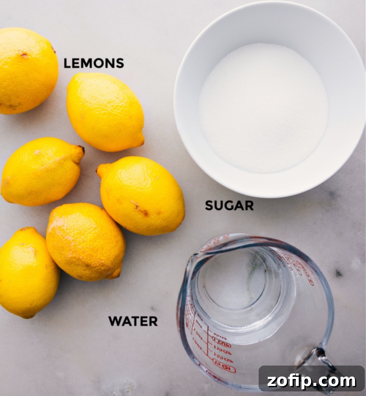 All the essential ingredients for homemade lemonade, including fresh lemons, a simple syrup mixture, and cold water, meticulously prepped and ready for combination.