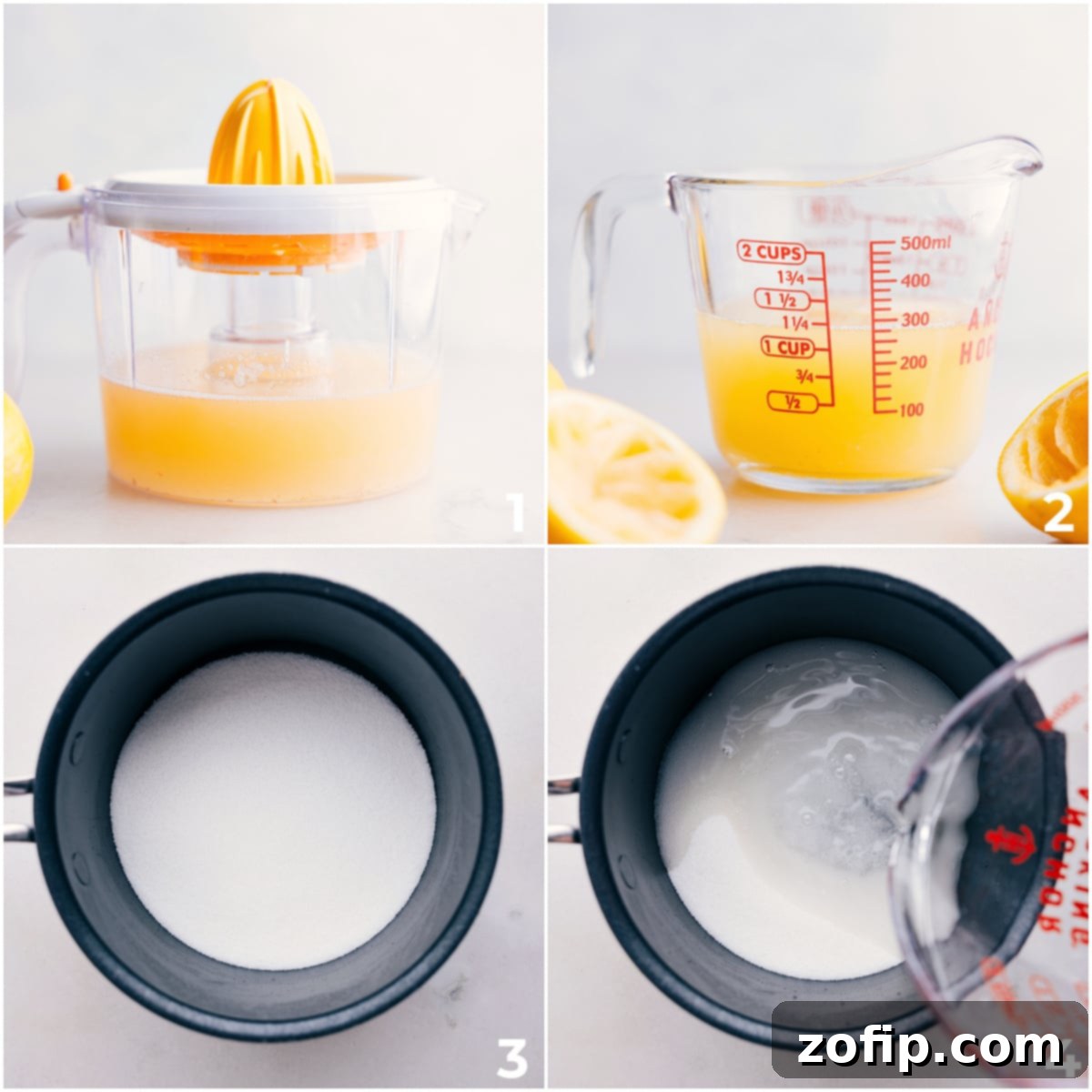 A step-by-step visual of the lemonade-making process, showing lemons being juiced and the simple syrup mixture simmering in a pot on the stove.