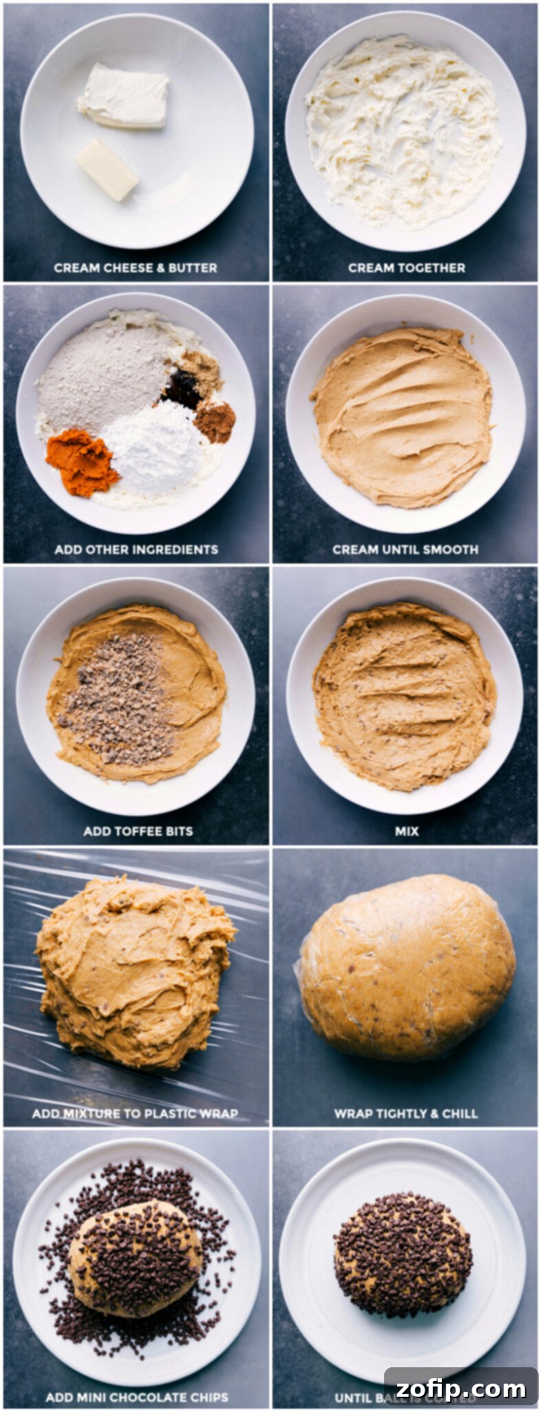 Preparing Pumpkin Cheesecake Ball with Chocolate Chips Coating The step-by-step process of preparing a pumpkin cheesecake ball, including creaming butter and cream cheese, mixing in pumpkin and spices, adding toffee bits, chilling the mixture, and finally coating it in chocolate chips.