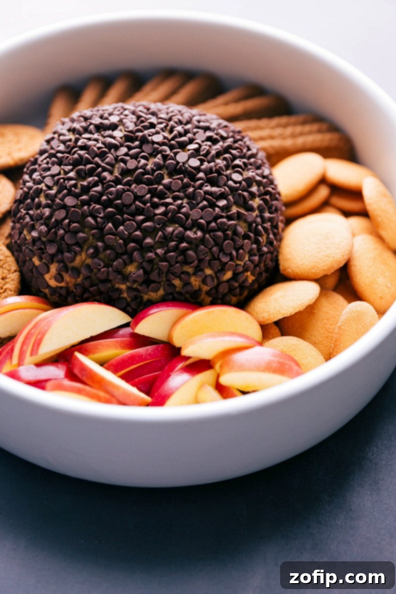 No-Bake Pumpkin Cheesecake Ball with Dippers A beautifully presented no-bake pumpkin cheesecake ball in a serving bowl, surrounded by a variety of dippers including vanilla wafers, fresh apple slices, and other cookies, creating an inviting dessert spread.