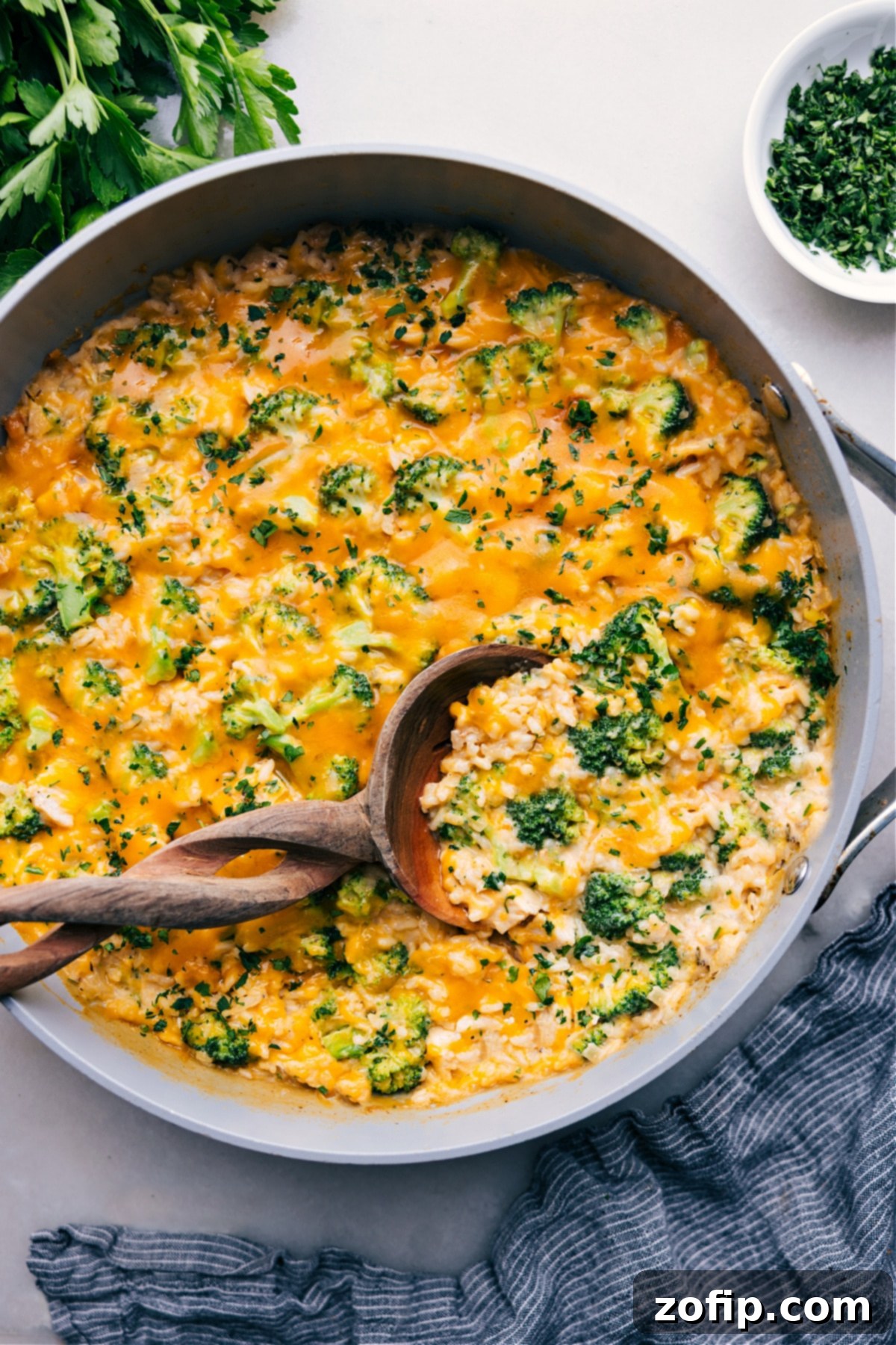 One skillet Creamy Chicken Broccoli Rice Casserole recipe freshly made, ready to be enjoyed.