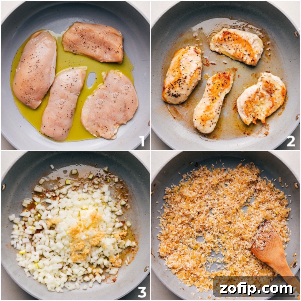 The chicken being cooked, then the onions, garlic, and rice being sautéed for this Creamy Chicken Broccoli Rice Casserole.