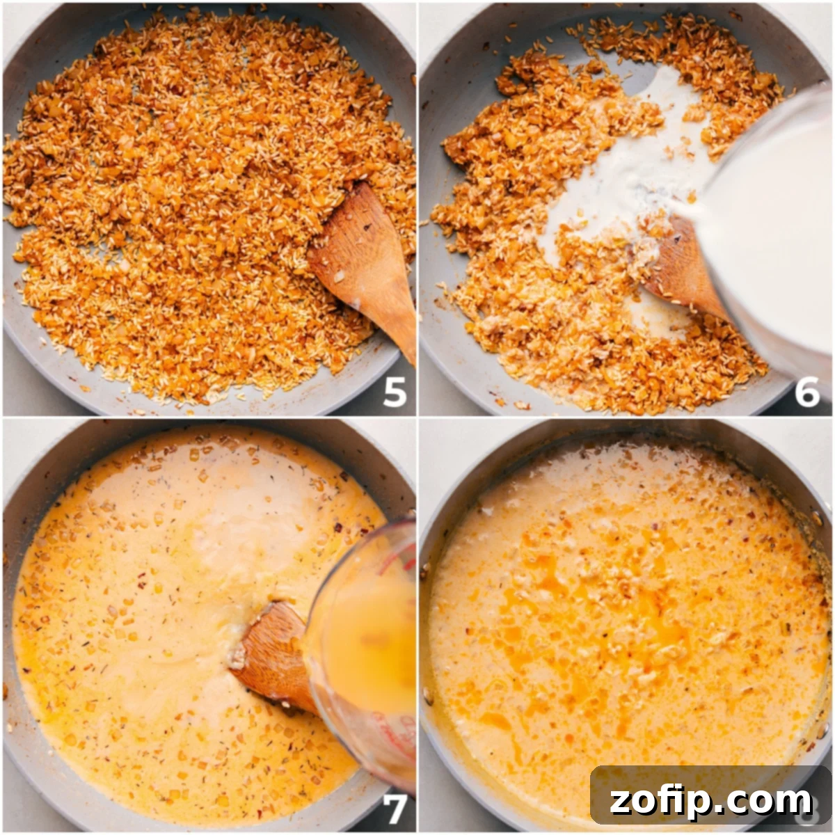 Milk and broth being added to the skillet and it all being cooked together.