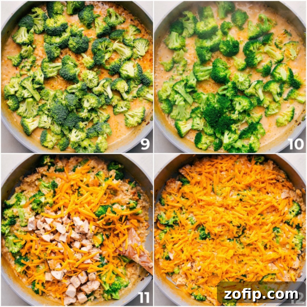 Broccoli, cheese, and chicken being added to the skillet for this delicious Creamy Chicken Broccoli Rice Casserole.