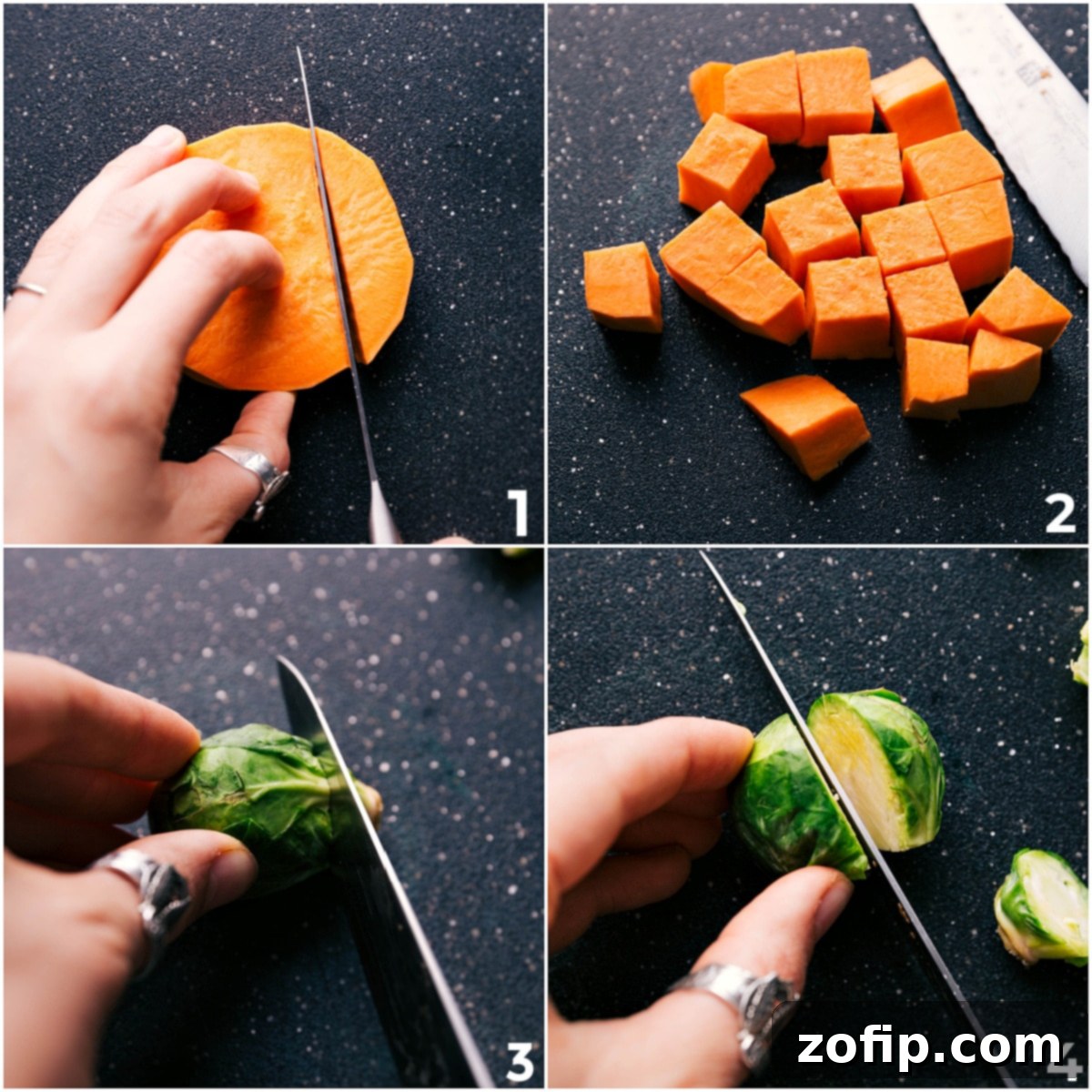 Step-by-step: Dicing sweet potatoes and halving Brussels sprouts, preparing them for the Harvest Vegetables and Sausage sheet pan.