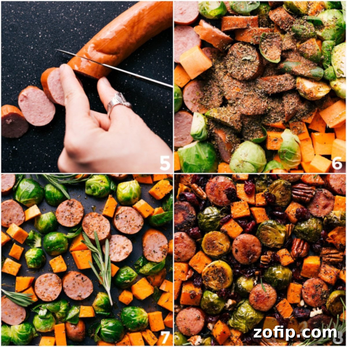 Slicing smoked sausage and combining all the fresh ingredients with seasonings on a sheet pan, ready for roasting to create a fall feast.