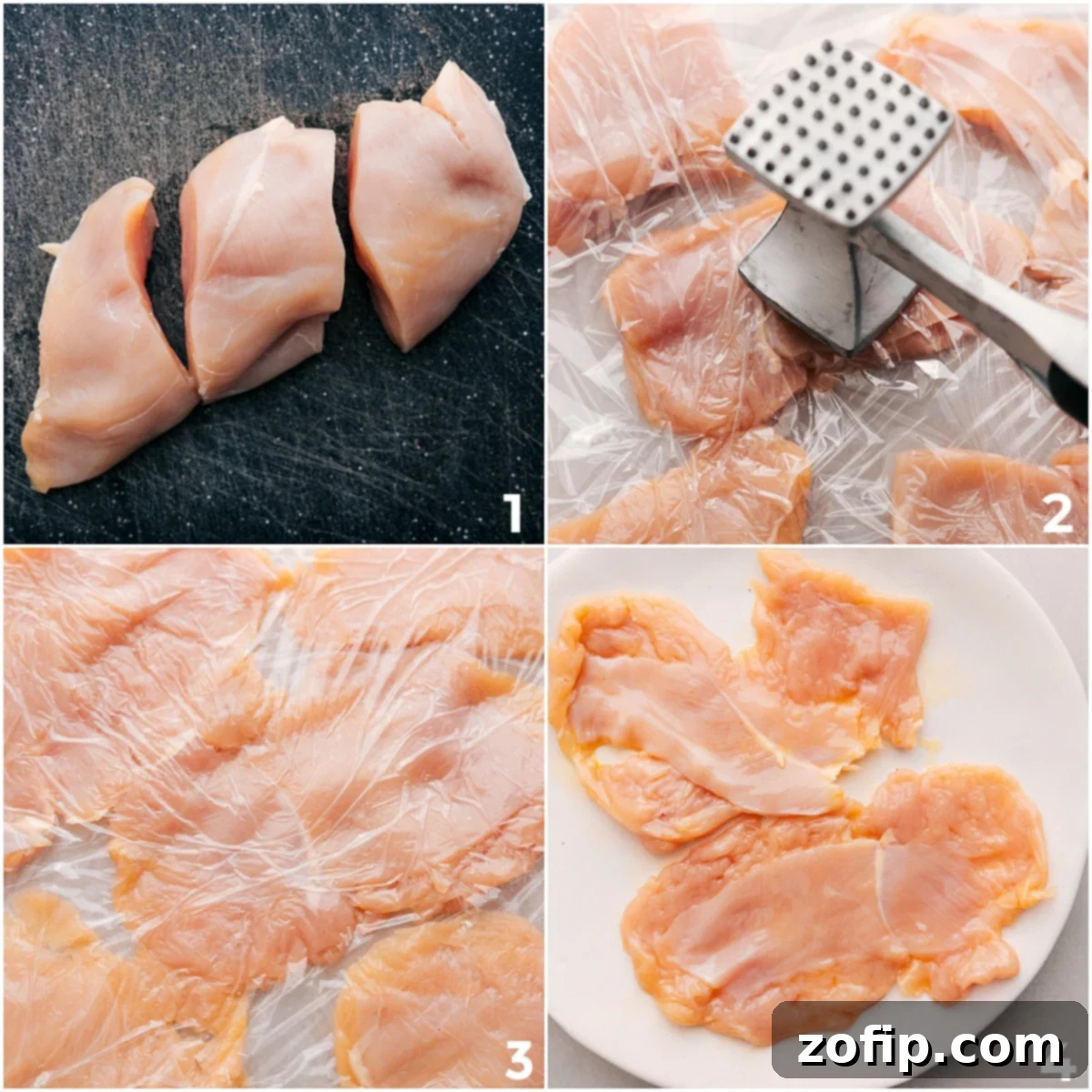 Detailed image showing chicken breasts being sliced in half and then pounded to an even 1/4-inch thickness, a crucial step for the Chicken and Butternut Squash skillet dinner.