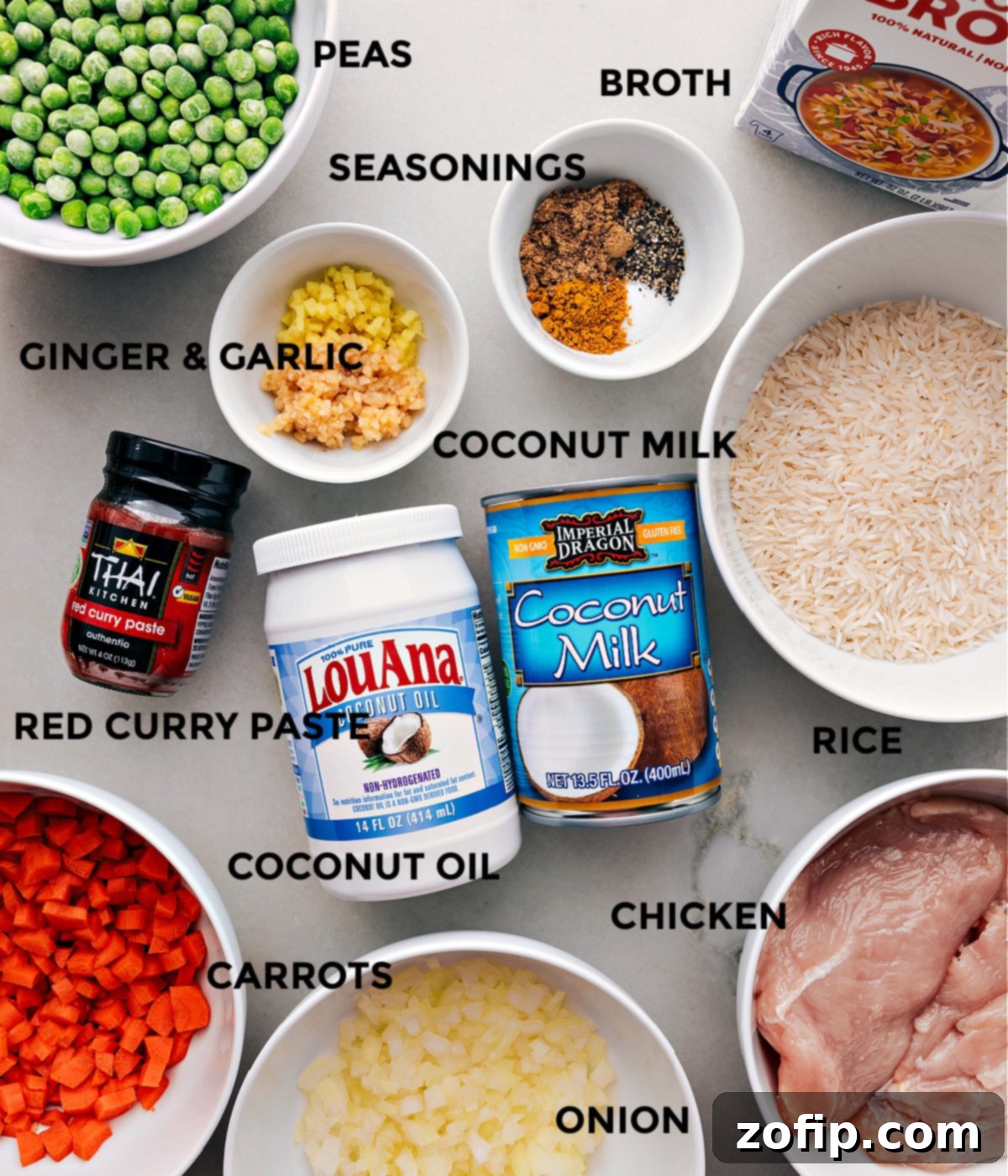 Fresh ingredients meticulously prepped and laid out for making One Pot Coconut Curry Chicken and Rice, showcasing vibrant vegetables, spices, and chicken.