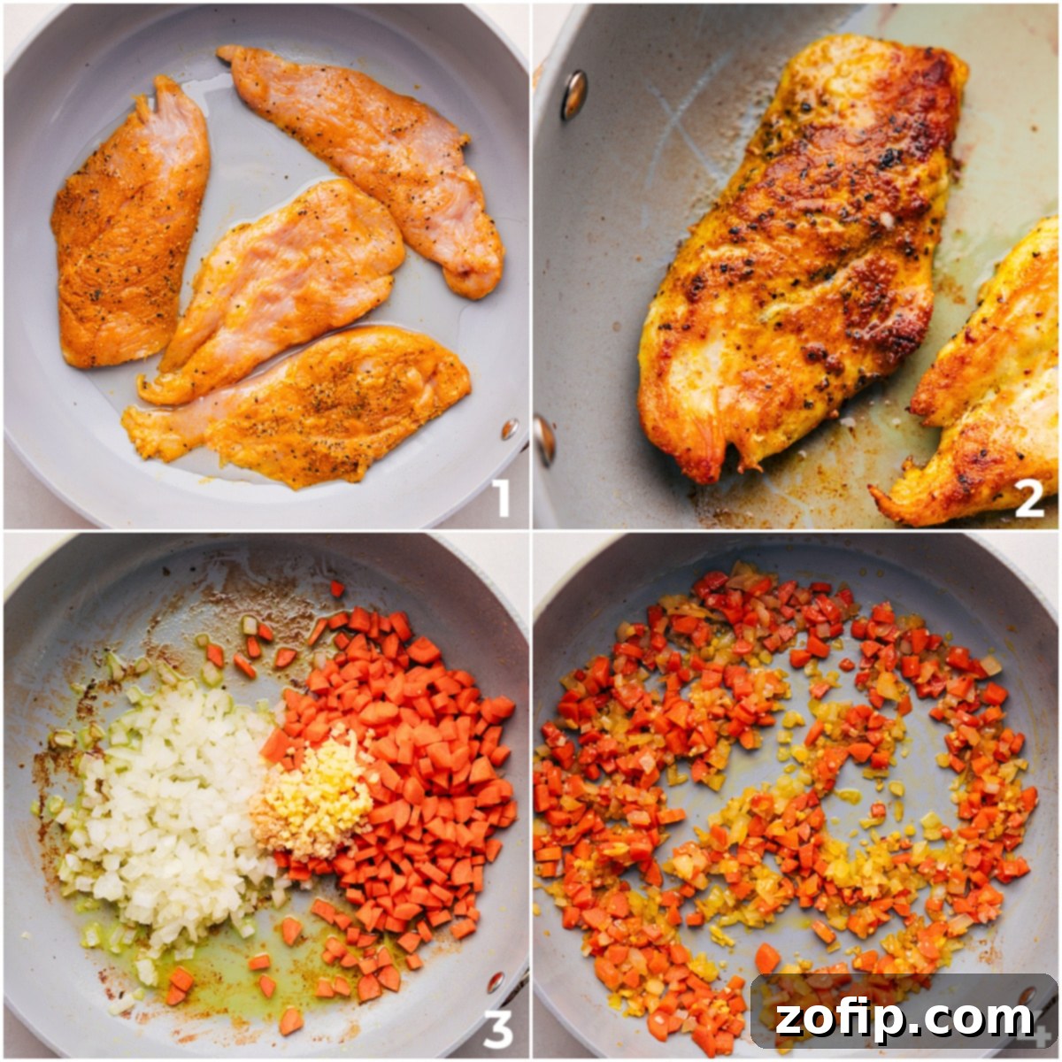 Step-by-step photos showing chicken being seared, followed by vegetables being sautéed in the same pot, for the One Pot Coconut Curry Chicken and Rice recipe.