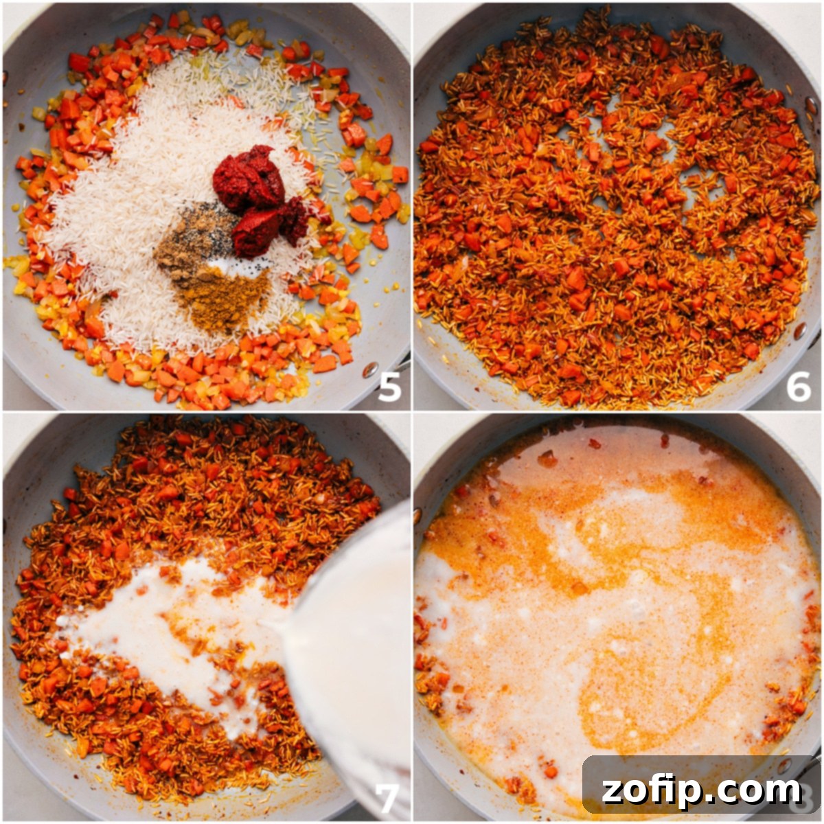 Coconut milk, curry paste, and seasonings being added to the sautéed vegetables and rice in the pot, key steps for Easy One Pot Chicken and Rice Curry.