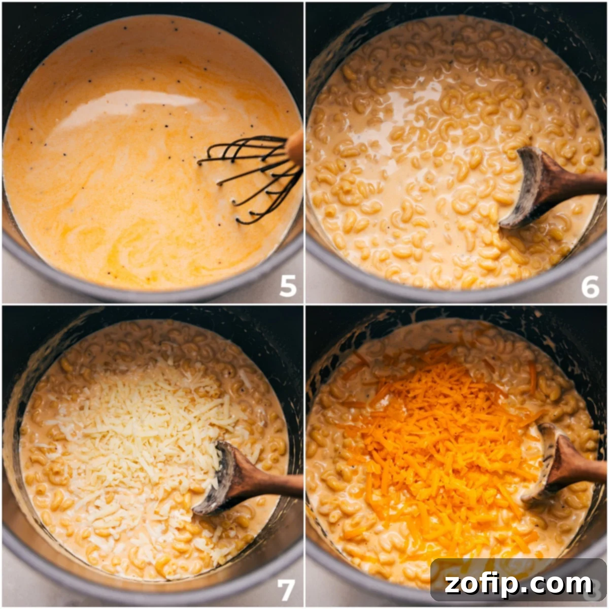 Uncooked pasta being added to the sauce, followed by a close-up of different cheeses melting into the creamy mac and cheese.