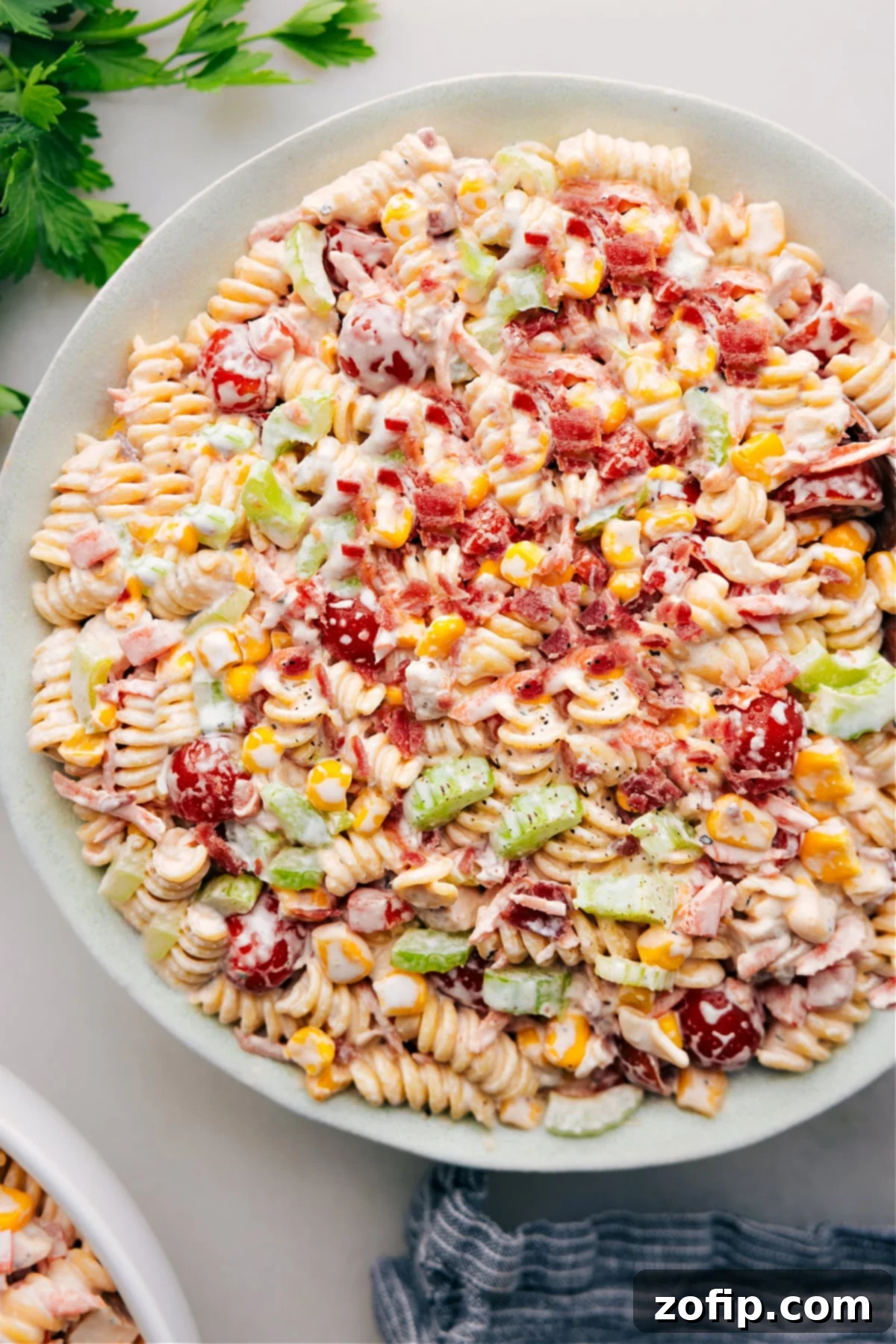 A large bowl of creamy Chicken Pasta Salad, garnished with fresh herbs, ready to be served.