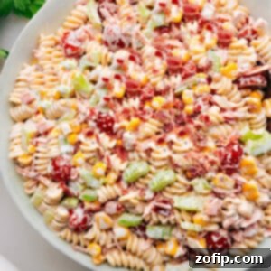 Chicken Pasta Salad in a bowl ready to be served.