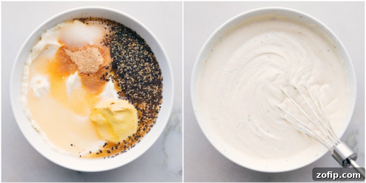 Creamy dressing being whisked in a glass bowl, ready to be poured over the chicken pasta salad ingredients.