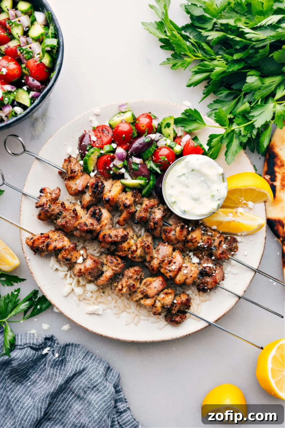 Easy Greek Chicken Bowls Greek Chicken Bowls on a plate with an easy greek salad, tzatziki dressing, all over rice.