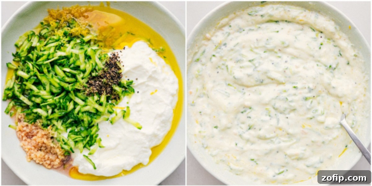 Tzatziki In Greek Chicken Bowls Recipe The tzatziki sauce being assembled and mixed together.