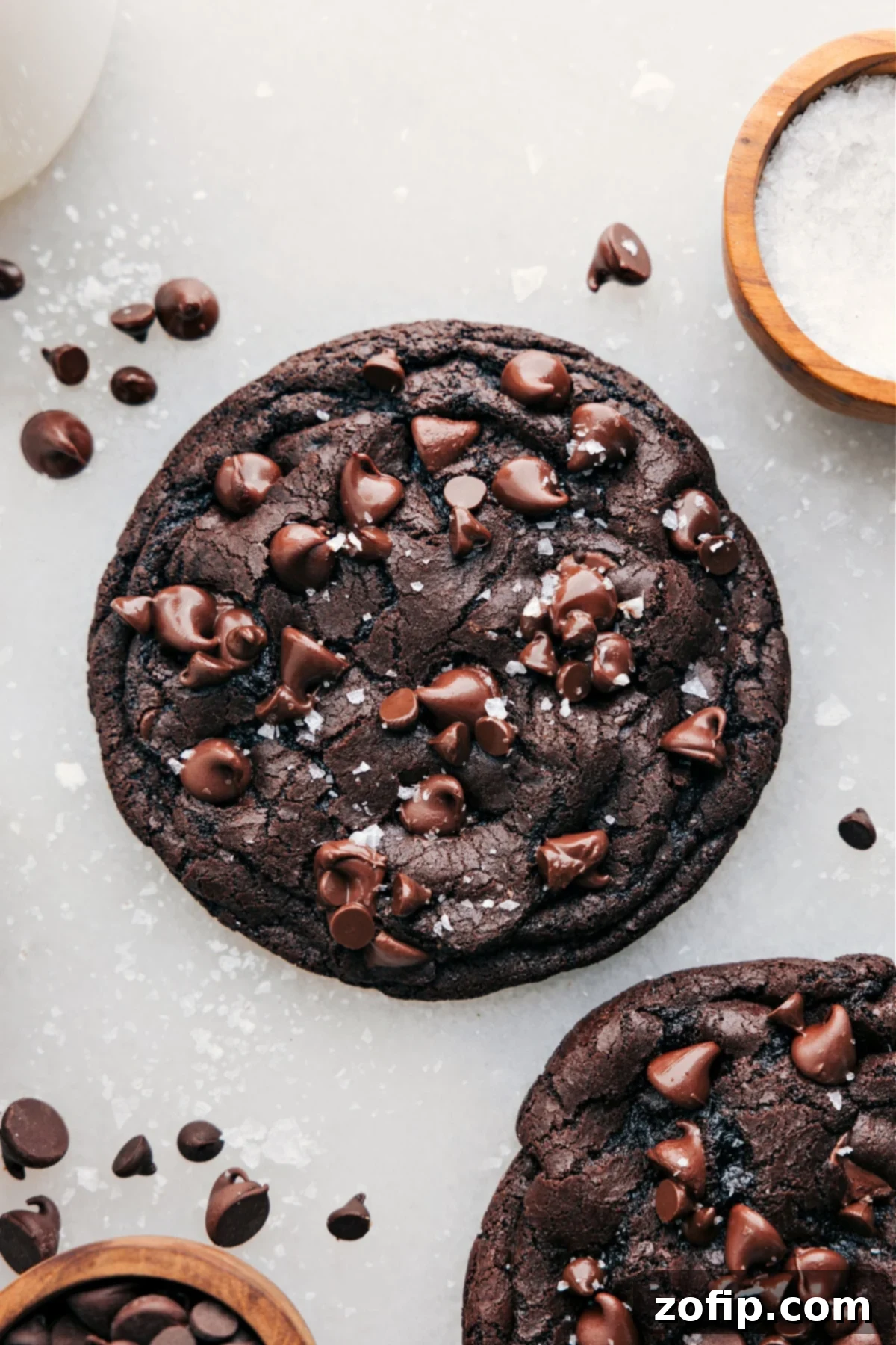 Ultimate Single Serve Double Chocolate Cookie Recipe Single Serve Double Chocolate Cookie show from above with sea salt on top.