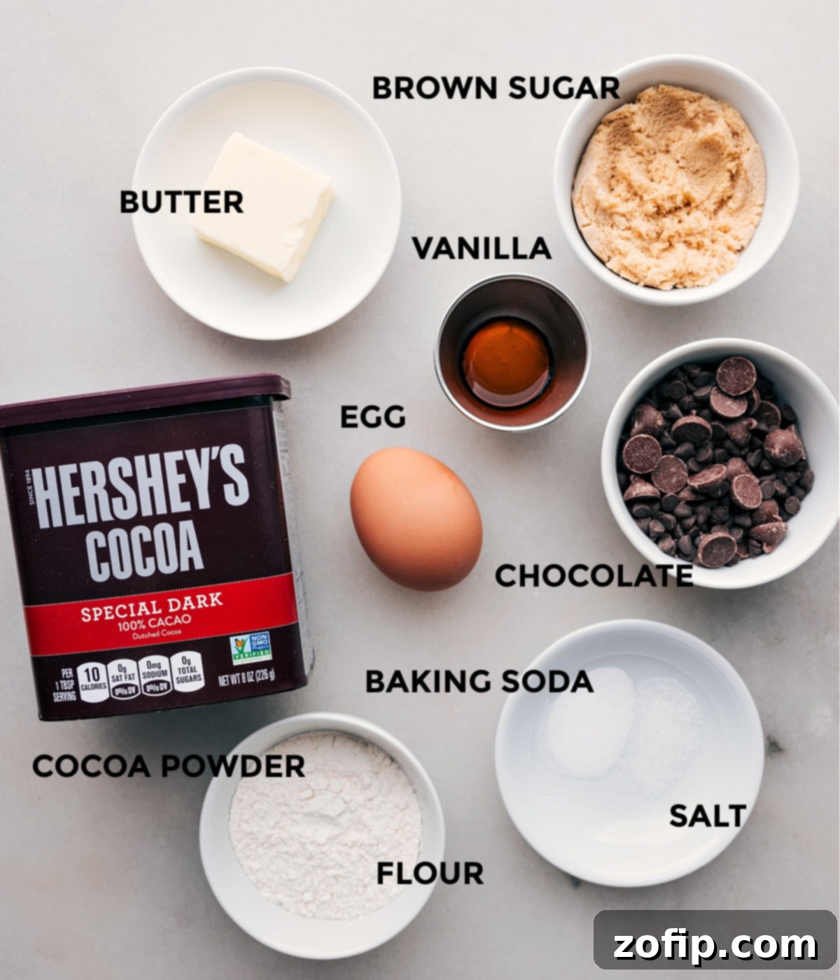 Key Ingredients for Double Chocolate Cookies Ingredients used in this dessert prepped out for easy assembly.