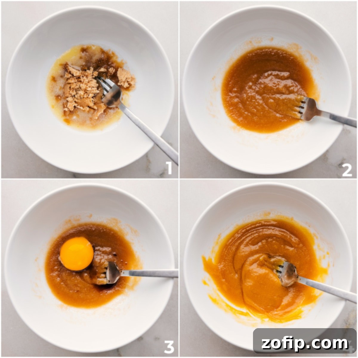 Easy Single Serve Double Chocolate Chip Cookies Prep Wet ingredients being whisked together in a bowl for these easy, single serve double chocolate chip cookies.