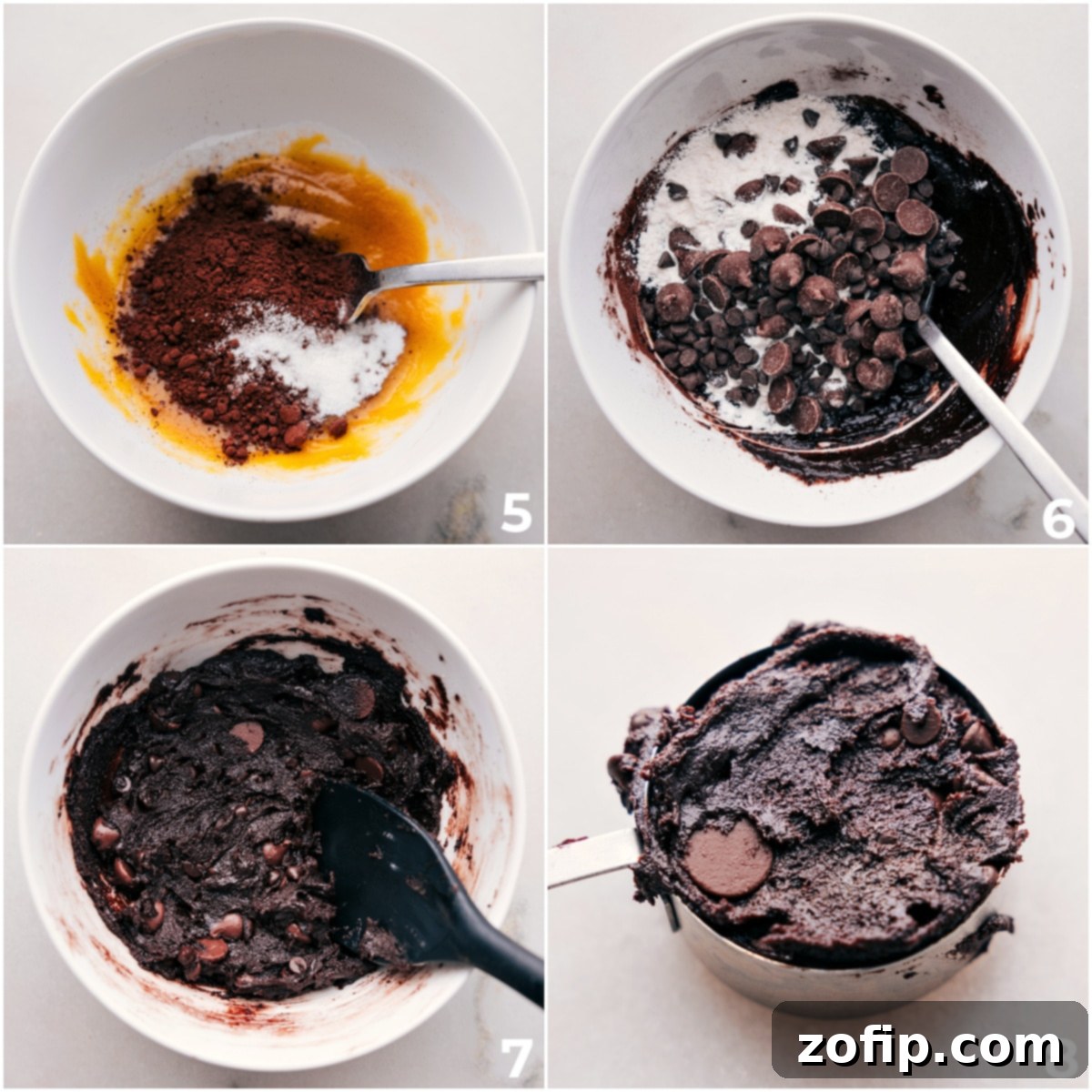 Mixing Double Chocolate Chip Cookies Dough The dry ingredients being added to the wet and it all being mixed together and put in a measuring cup.