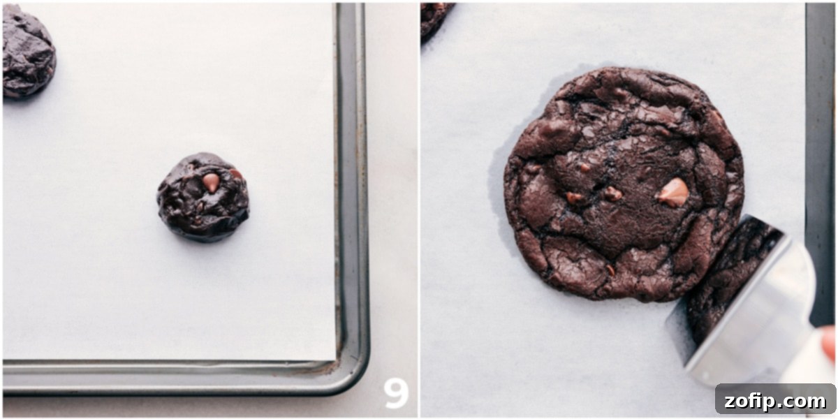 Baking Single Serve Double Chocolate Chip Cookies Baking up the treat on a sheet pan.