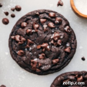 Decadent Double Chocolate Cookie For One 2 Single Serve Double Chocolate Cookie show from above with sea salt on top.