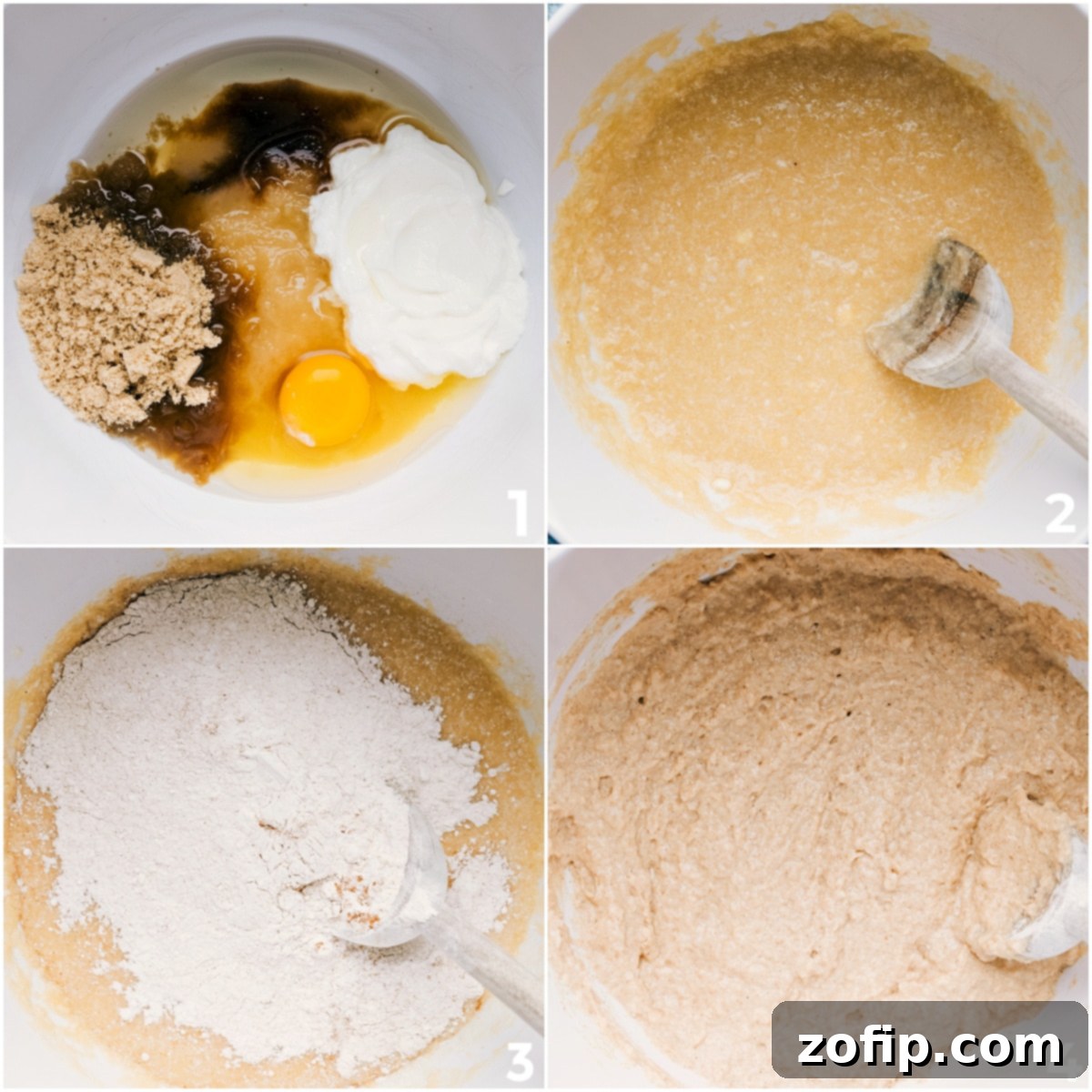 Close-up of applesauce muffin batter being scooped into a greased muffin tin, showing its thick and fluffy consistency with visible spice flecks.