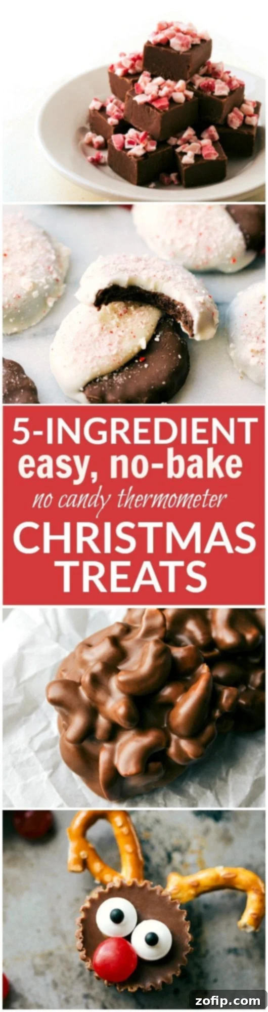 Four different easy, quick, and fool-proof Christmas treats that the kids can help with! Perfect for gift-giving and enjoying with the family. Peppermint bark cookies, toffee cashew clusters, microwave fudge, and rudolph bites!