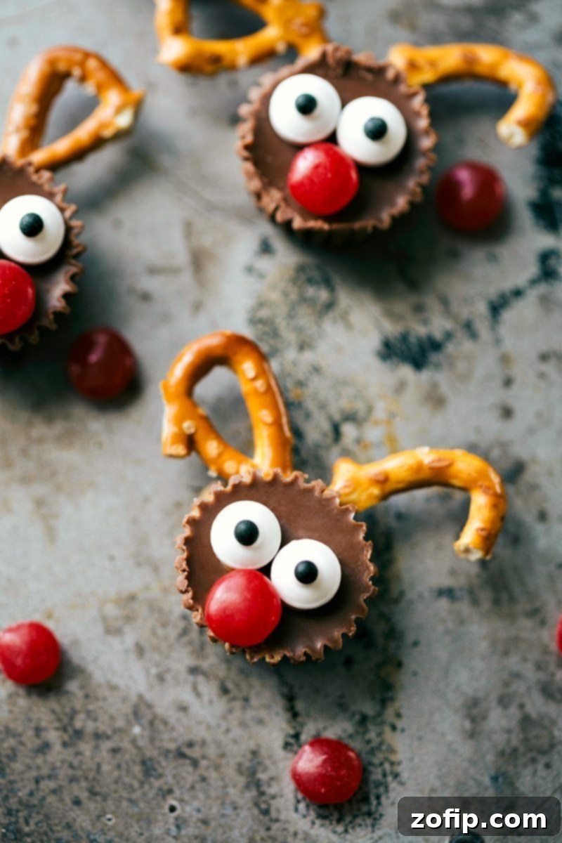 Image of adorable Reindeer Bites, a fun, easy, and kid-friendly Christmas treat.