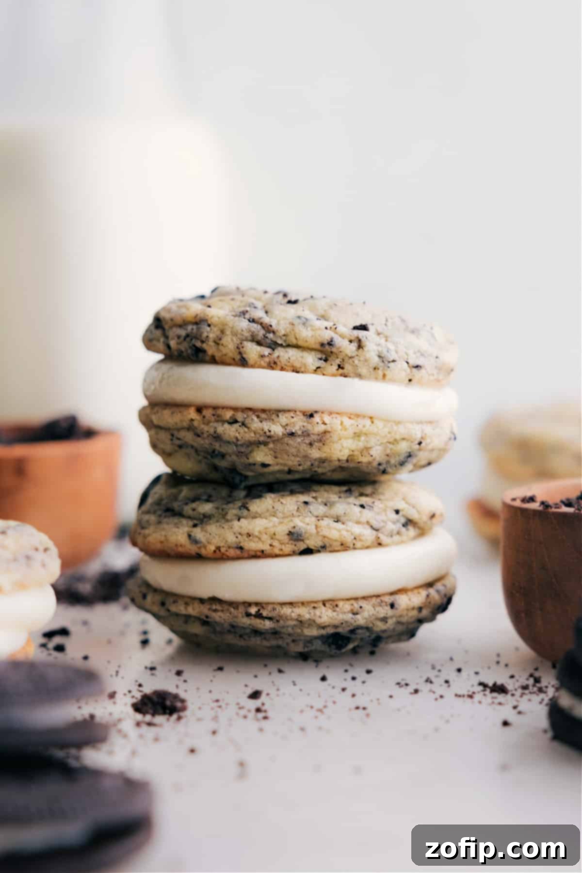 Irresistible Oreo Whoopie Pies Stacked homemade Oreo Whoopie Pies with creamy filling visible, showcasing their irresistible appeal.