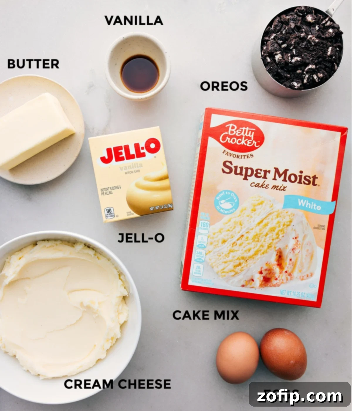 Key Ingredients For Oreo Whoopie Pies All the essential ingredients for Oreo Whoopie Pies precisely prepped and laid out for easy assembly.