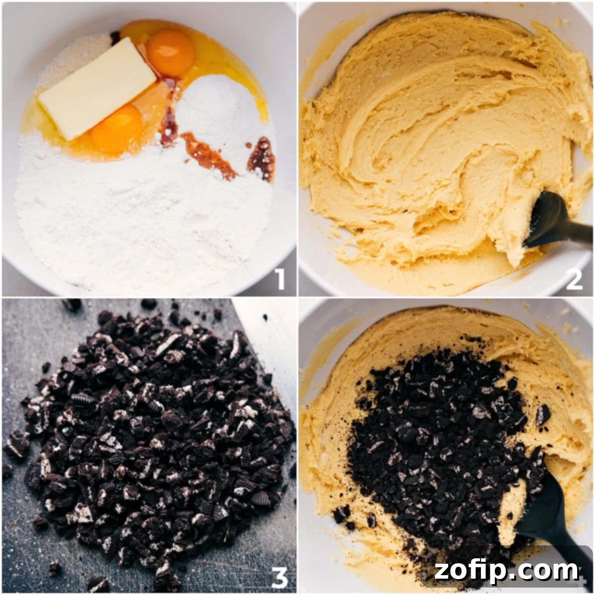 Making Oreo Whoopie Pie Dough The process of making Oreo Whoopie Pie dough, from mixing to incorporating finely chopped Oreos.